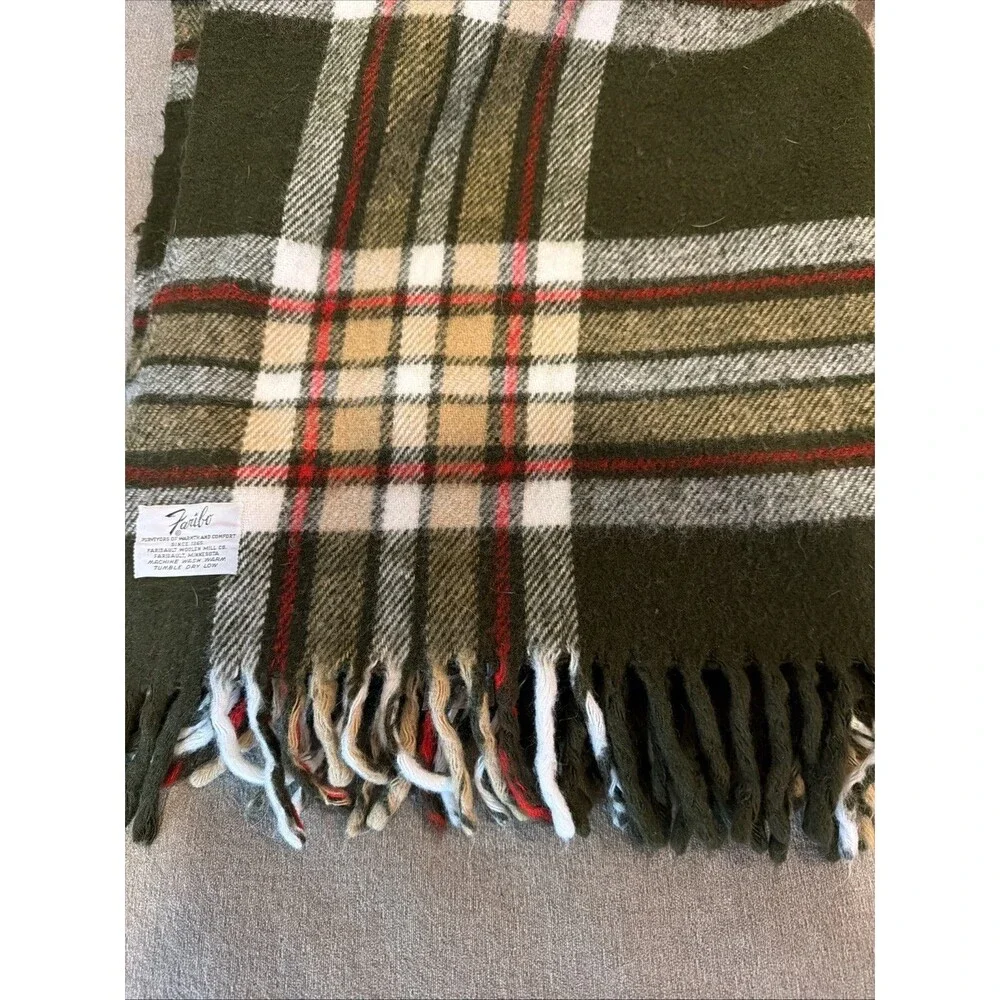 Faribo Wool Throw Blanket Brown White Red Plaid Fringe 57 inches x 43 inches VTG